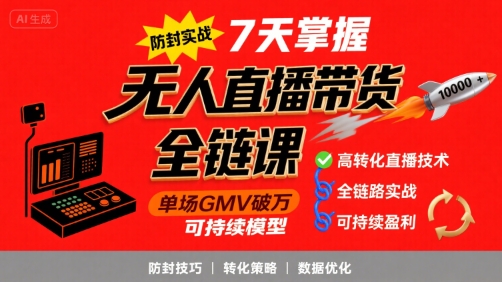 无人直播带货全链防封实战课，7天掌握高转化直播技术，实现单场GMV破万可持续模型