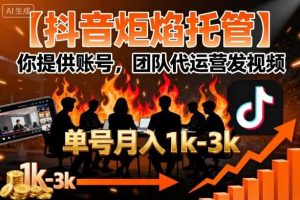 【抖音炬焰托管】你提供账号，团队代运营发视频，单号月入1k+【揭秘】