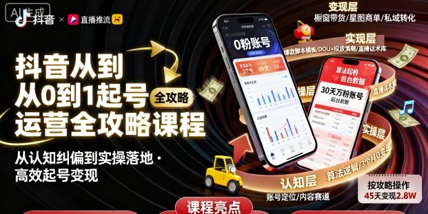 抖音从0到1起号运营全攻略课程，从认知纠偏到实操落地，高效起号变现