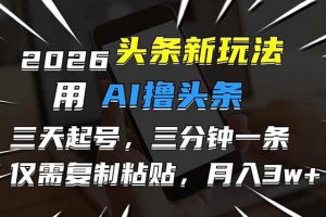 （17044期）2026最新头条玩法，用AI撸头条，3天必起号，3分钟1条，只需要复制粘贴，简单月入3W+