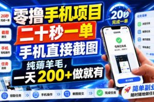 零撸手机项目,二十秒一单,手机直接截图,纯薅羊毛,一天200+做就有【揭秘】