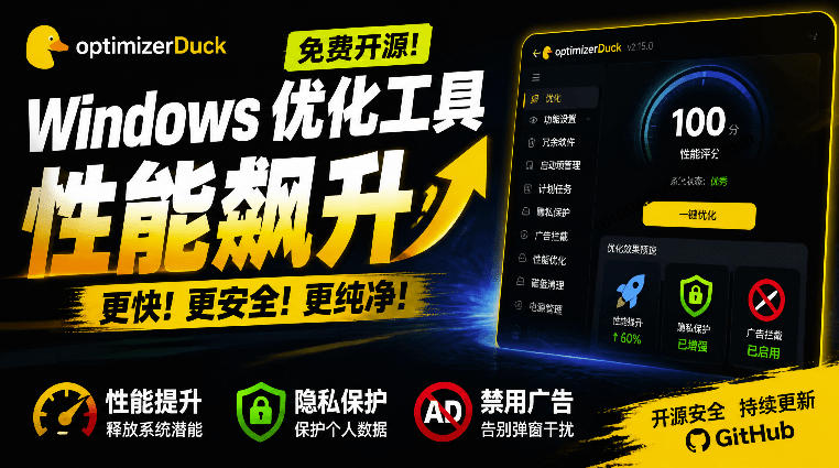 让Windows更纯净、透明、强大的优化工具!免费开源,主打性能提升、功能设置与磁盘清理OptimizerDuck